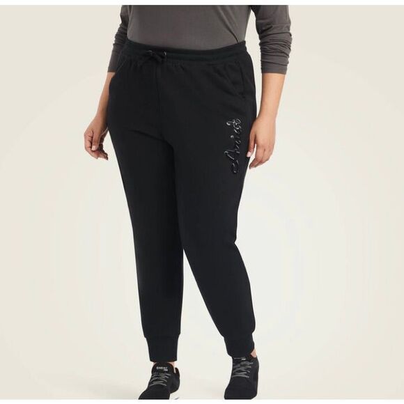 Ariat NWT Sequined Logo Real Jogger Sweatpants Warm Fleece-Lined Casual In Black - Picture 1 of 5